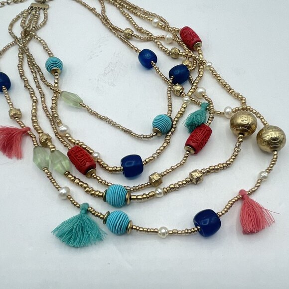 Chico's Colorful Multi-Strand Beaded Necklace With Tassels & Adjustable Gold Cha - Picture 4 of 6